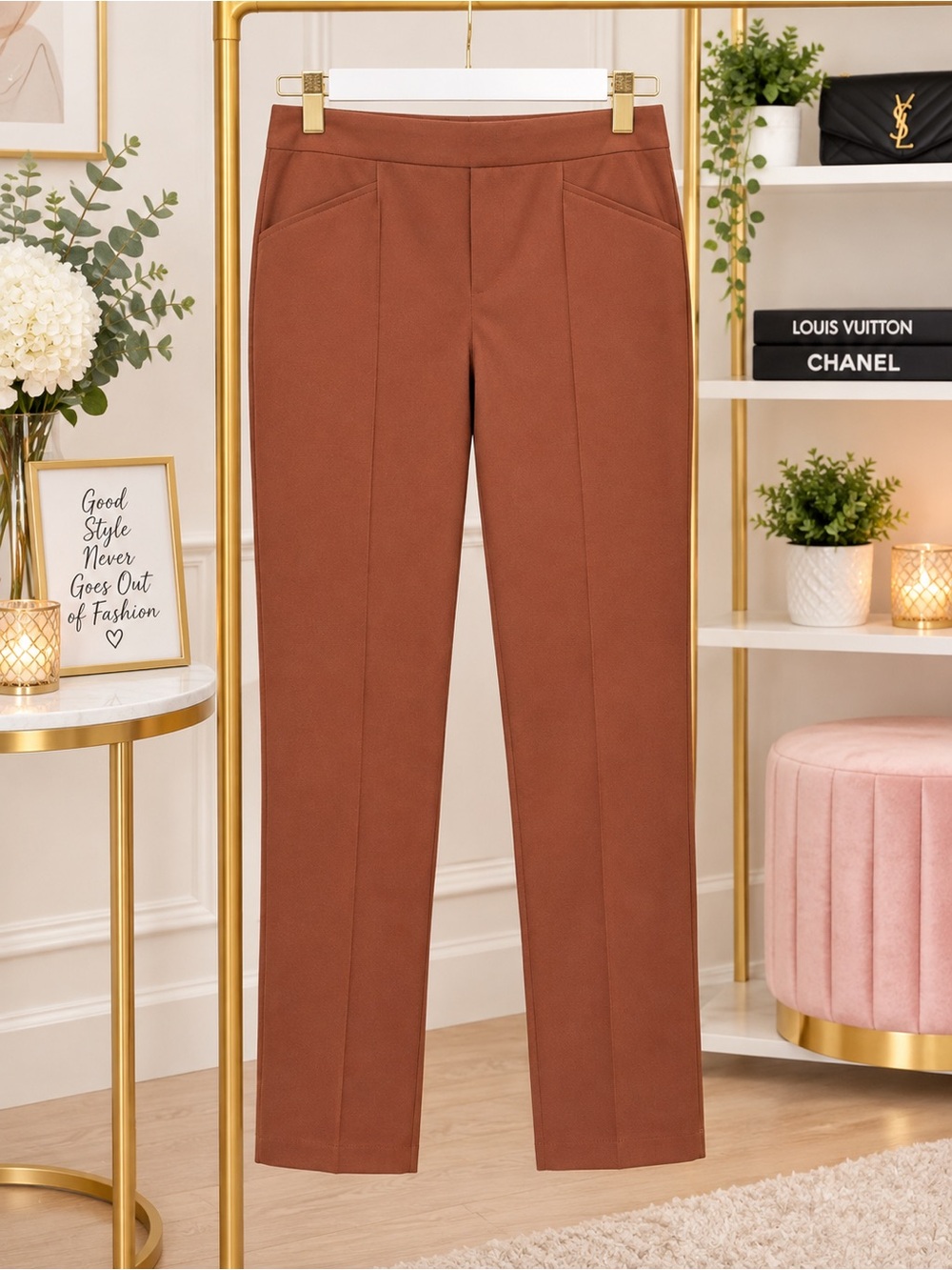 Chico's Tailored Straight-Leg Pants in Rust Brown